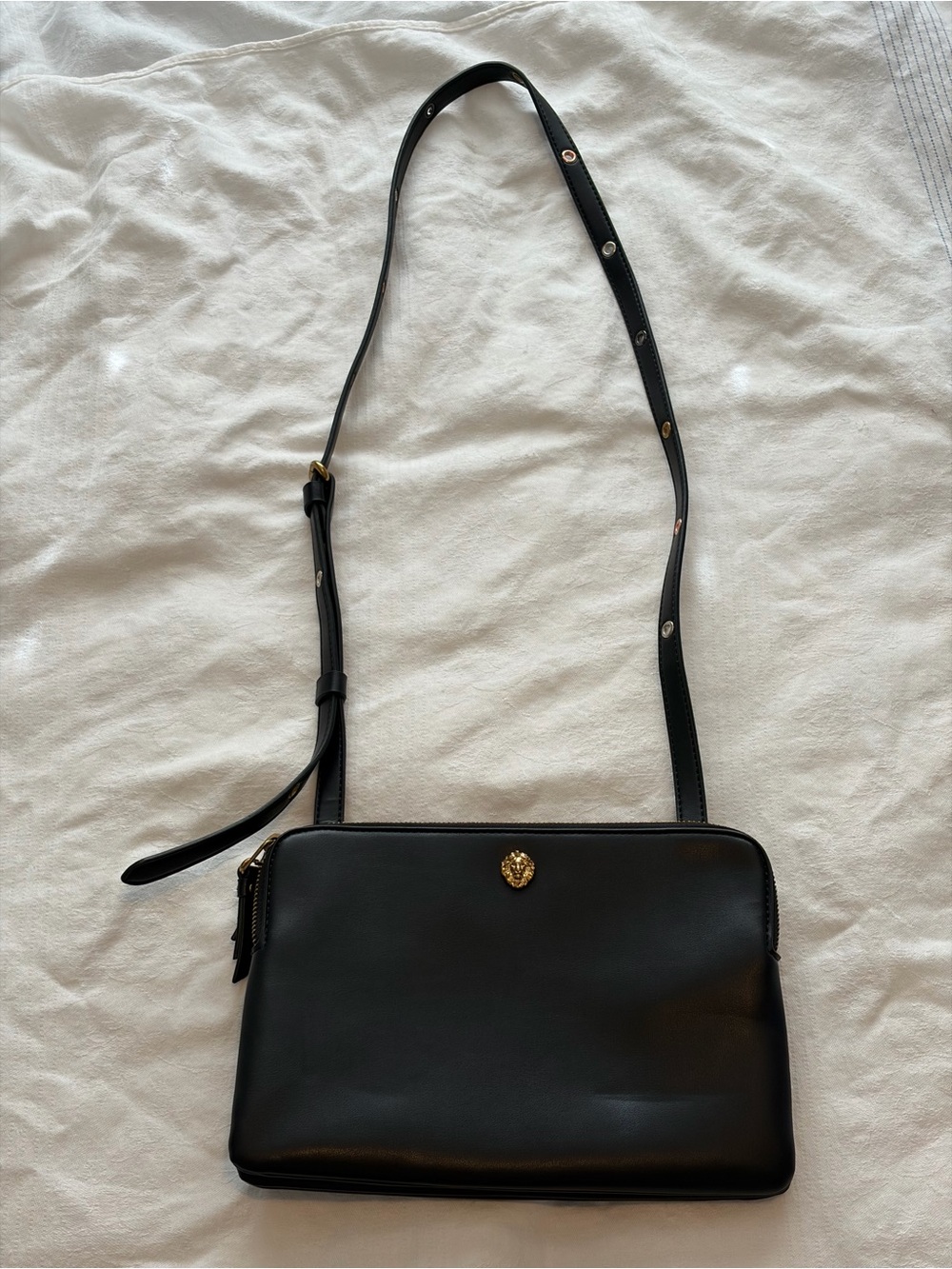 Anne Klein Black Crossbody with Gold Lion Emblem